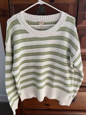 Hem & Thread Green and White Striped Open-Knit Crewneck Sweater NWT Size Large